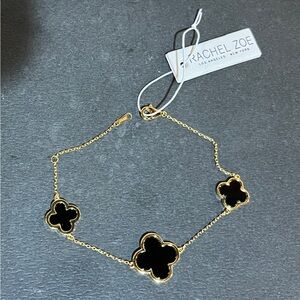 Rachel Zoe .925 Silver-Gold Tone Black Clover 7.5” Bracelet NWT